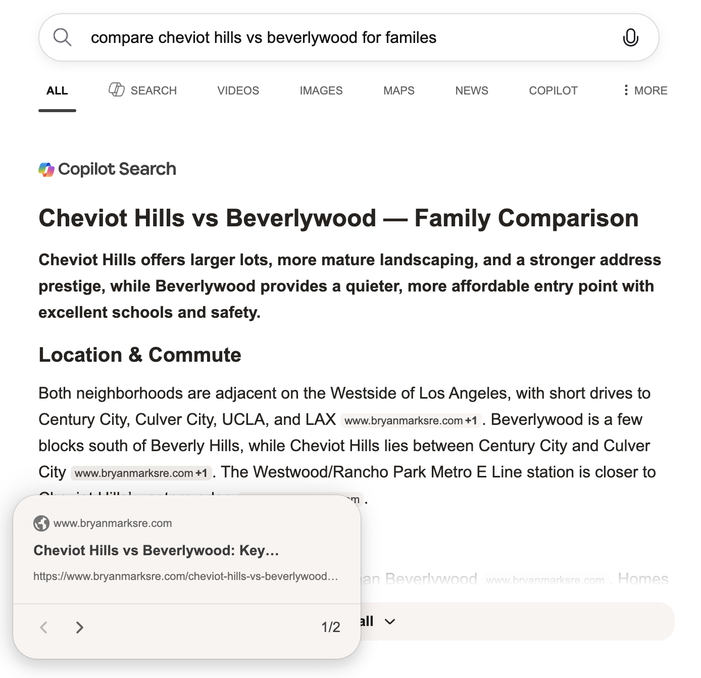 Bing Copilot citing bryanmarksre.com